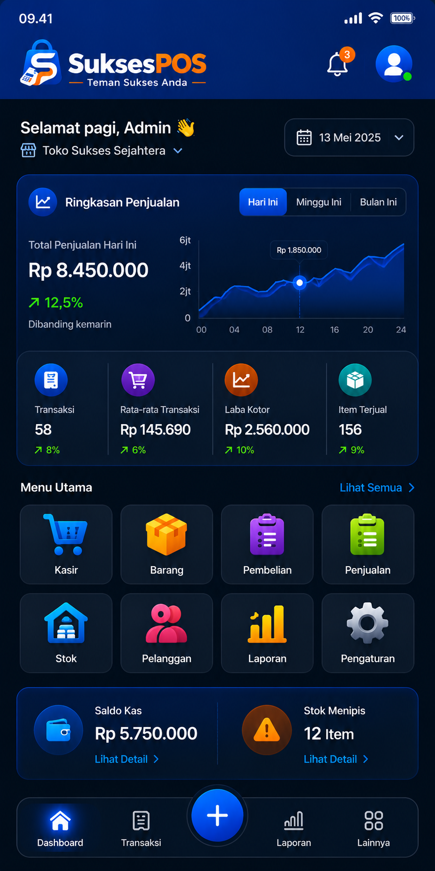 Dashboard aplikasi SuksesPOS di Android