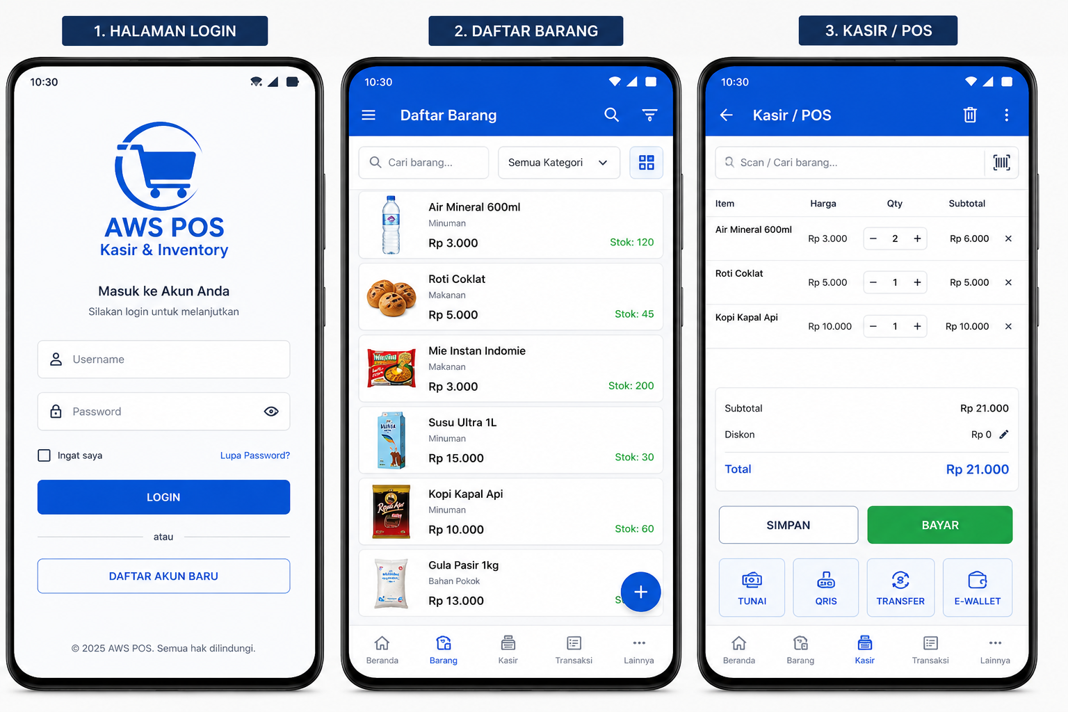 Mockup layar login, daftar barang, dan kasir