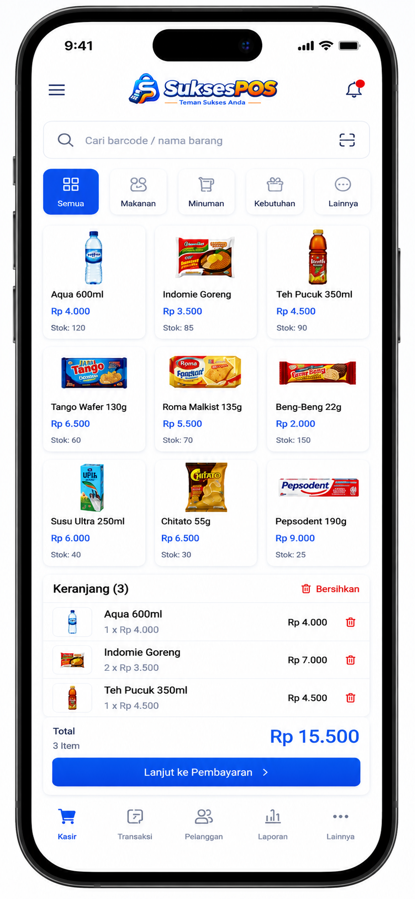 Layar kasir POS dengan daftar produk dan keranjang
